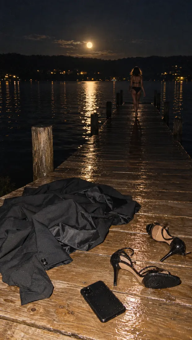 heels, a jacket and a phone left on the jetty under a full moon